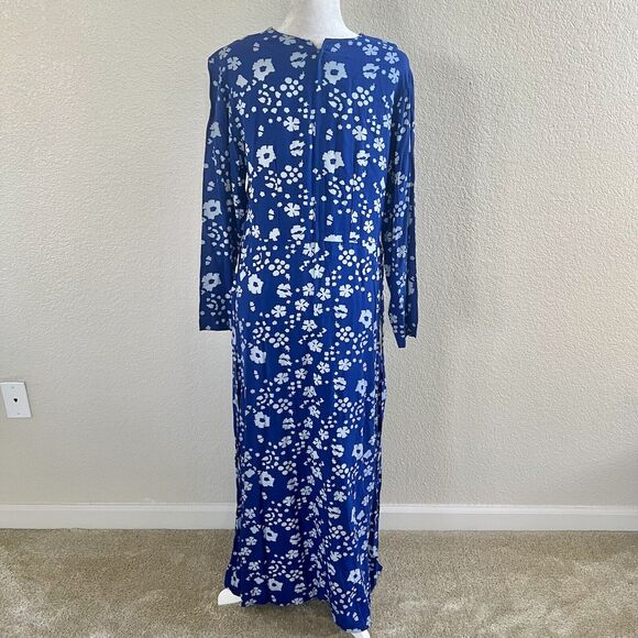 Batik Keris Dress Sz Medium Kaftan Royal Blue Floral Print Tie Waist Wax Process - Picture 11 of 15
